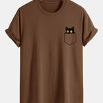 Regular Fit Pocket Black Cat Print Cotton T-Shirt