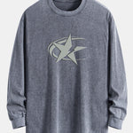 Star Print Relax Fit Long Sleeve Washed Distressed T-Shirt
