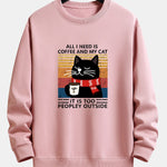 Black Cat Drinking Coffee Print Relax Fit Sweatshirt