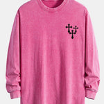 Cross Print Relax Fit Long Sleeve Washed Distressed T-Shirt