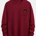 Long Sleeve Pocket Black Cat Print Cotton T-Shirt