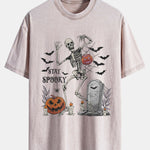 Halloween Skeleton Stay Spooky Print Washed Distressed Drop Shoulder T-Shirt
