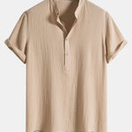 Crinkled Cotton Half Open Placket Henley Collar Shirt