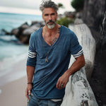 Men's Loose V-Neck Striped Patchwork Cotton Long-Sleeved T-Shirt