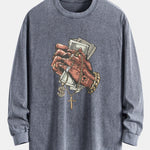 Hand Holding Cash Print Relax Fit Long Sleeve Washed Distressed T-Shirt