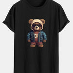 Bear In Leather Jacket Print Cotton Arc Hem T-Shirt