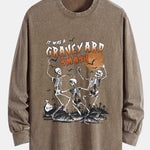 Halloween Dancing Skeleton Print Relax Fit Long Sleeve Washed Distressed T-Shirt