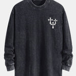 Cross Print Relax Fit Long Sleeve Washed Distressed T-Shirt