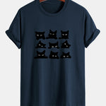 Regular Fit Black Cat Staring Print Cotton T-Shirt
