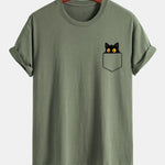 Regular Fit Pocket Black Cat Print Cotton T-Shirt