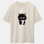 Black Cat Drinking Coffee Print Drop Shoulder Oversize T-Shirt