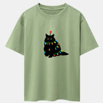 Christmas Lights Black Cat Print Drop Shoulder Oversize T-Shirt