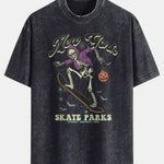 Halloween Skateboard Skeleton Print Washed Distressed Drop Shoulder T-Shirt