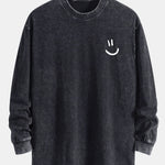 Smiley Face Print Relax Fit Long Sleeve Washed Distressed T-Shirt