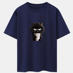 Black Cat Drinking Coffee Print Drop Shoulder Oversize T-Shirt