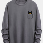 Long Sleeve Pocket Black Cat Print Cotton T-Shirt