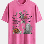 Halloween Skeleton Stay Spooky Print Washed Distressed Drop Shoulder T-Shirt