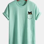 Regular Fit Pocket Black Cat Print Cotton T-Shirt