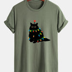 Regular Fit Colorful Light Black Cat Print Cotton T-Shirt