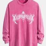 Gothic Skull Print Relax Fit Long Sleeve Washed Distressed T-Shirt