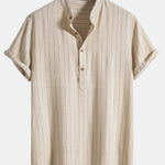 Linen Blend Striped Henley Collar Shirt & Linen Cotton Blend 11" Shorts
