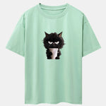 Black Cat Drinking Coffee Print Drop Shoulder Oversize T-Shirt