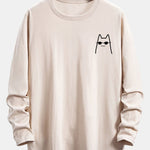 Long Sleeve Cat With Sunglasses Print Cotton Arc Hem T-Shirt