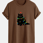 Regular Fit Colorful Light Black Cat Print Cotton T-Shirt
