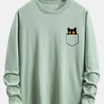 Long Sleeve Pocket Black Cat Print Cotton T-Shirt