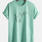 Regular Fit Fist Bump Cat Print Cotton T-Shirt