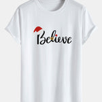 Christmas Believe Print Cotton Arc Hem T-Shirt