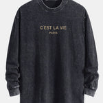 Paris Slogan Print Relax Fit Long Sleeve Washed Distressed T-Shirt