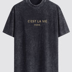Paris Slogan Print Washed Distressed Drop Shoulder T-Shirt