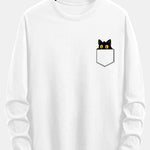 Long Sleeve Pocket Black Cat Print Cotton T-Shirt