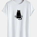 Cat Weightlifting Print Cotton Arc Hem T-Shirt