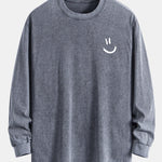 Smiley Face Print Relax Fit Long Sleeve Washed Distressed T-Shirt
