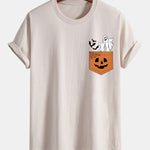 Regular Fit Pocket Pumpkin Ghost Print Cotton T-Shirt