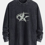 Star Print Relax Fit Long Sleeve Washed Distressed T-Shirt