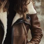 Women's Vintage Contrast Lambskin Collar Faux Leather Coat