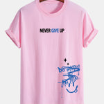 Regular Fit Never Give Up Smiley Face Print Cotton T-Shirt