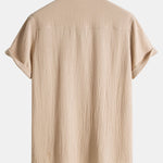 Crinkled Cotton Half Open Placket Henley Collar Shirt