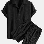 Geometric Jacquard Eyelet Cuban Shirt & Textured Shorts With Lining