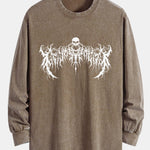 Gothic Skull Print Relax Fit Long Sleeve Washed Distressed T-Shirt