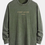 Paris Slogan Print Relax Fit Long Sleeve Washed Distressed T-Shirt