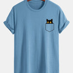 Regular Fit Pocket Black Cat Print Cotton T-Shirt