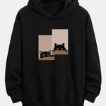Black Cat Staring Print Relax Fit Hoodie