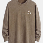 Smiley Face Print Relax Fit Long Sleeve Washed Distressed T-Shirt