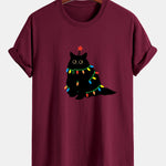 Regular Fit Colorful Light Black Cat Print Cotton T-Shirt