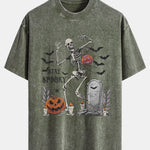 Halloween Skeleton Stay Spooky Print Washed Distressed Drop Shoulder T-Shirt