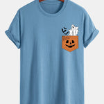Regular Fit Pocket Pumpkin Ghost Print Cotton T-Shirt